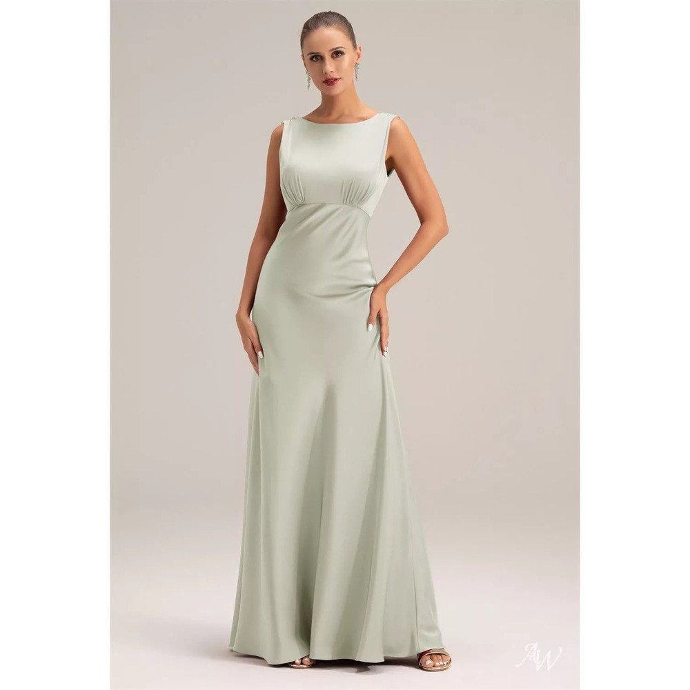 AW Bridal Sage Green Satin Charmeuse Maxi Gown Deep V‎ Back Formal Dress Size 18